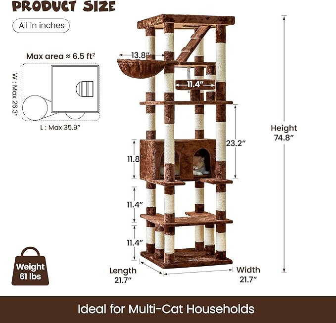 MWPO 74.8 inches Large Cat Tree with Sisal-Covered Scratching Posts & Condo, Tall Cat Tower Entertainment Playground Furniture for Cats & Kittens - Multiple Colors (Brown)