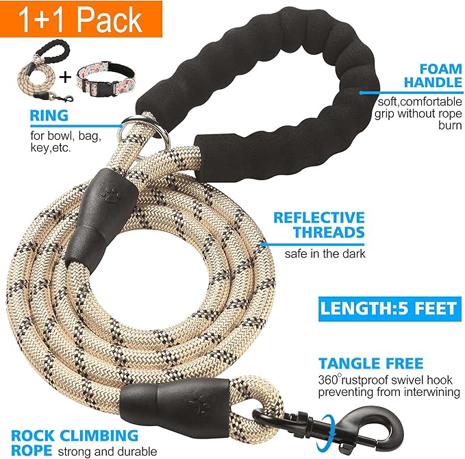 Reflective Dog Collar Padded with Soft Neoprene Breathable Adjustable Nylon Dog Collars for Small Medium Large Dogs (Medium (Pack of 1), Vanila/Pink Floral Collar+Leash)