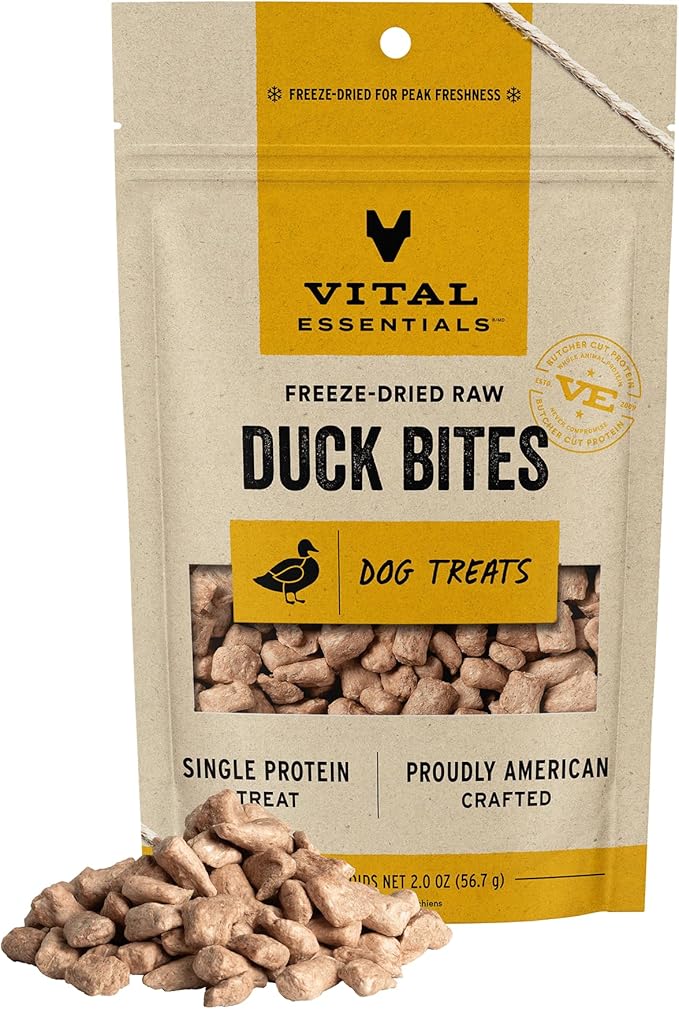 Vital Essentials Duck Bites Dog Treats, 2 oz | Freeze-Dried Raw | Single Protein | Premium Quality High Protein Training Treats | Grain Free, Gluten Free, Filler Free