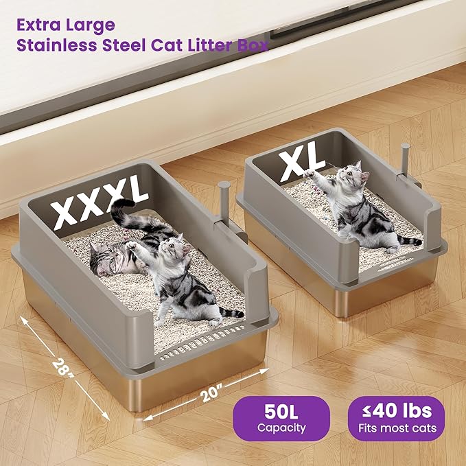 XXXL Stainless Steel Litter Box for Cats, 28''x20''x12'' Extra Large Metal Litter Box with High Sided Lid, for Big Cats, Multi-Cat Household, Non-Sticky & Easy to Clean