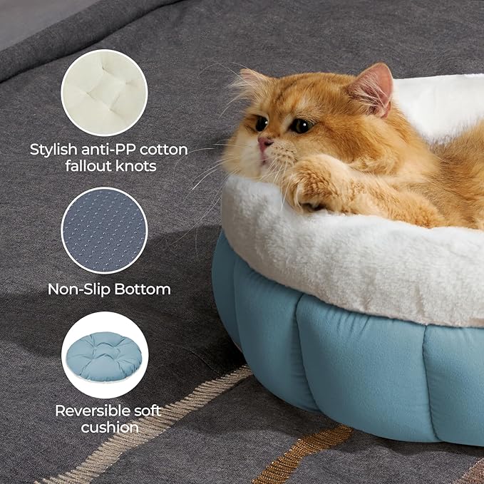 BALANCE Cat Beds for Indoor Cats, Washable Round Cat Bed, Cute Kitten Bed with Anti-Slip Bottom for Kitty and Puppy, 18 Inches, Dream Blue