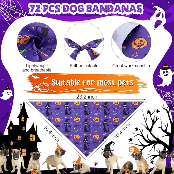 Sanwuta 72 Pcs Halloween Dog Bandana Bulk Washable Puppy Triangle Scarfs Halloween Pumpkin Cat Bandanas Adjustable Soft Pet Triangle Bibs Accessories for Small Medium Dogs Cats Pets Costume