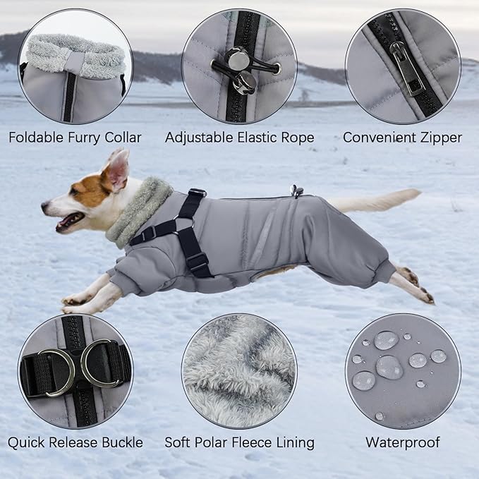 BRKURLEG Grey Dog Winter Coat, Cozy Winter Dog Jackets, Small Dogs Coat with Harness, Onesie Body Warm Puppy Jacket, Pet Reflective Windproof Cold Weather Jackets, Puppy Four-Legged Puffer Coats, M