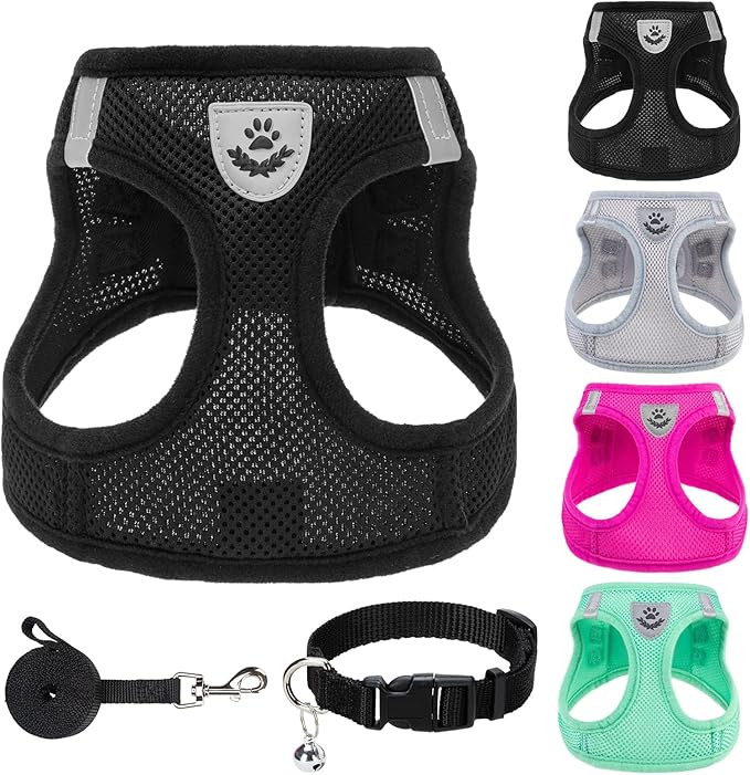 PUPTECK Adjustable Dog Harness Collar and Leash Set Step in No Pull Pet Harness for Small Medium Dogs Puppy and Cats Outdoor Walking Running, Soft Mesh Reflective Vest Harnesses, Solid Black XXS