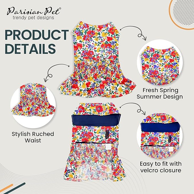 Parisian Pet Floral Printed Summer Dress - 100% Cotton Breathable Ruched Waist Dog Clothes - Beach Outfit - Cat Apparel - Dresses for Small Dogs Girl - XS