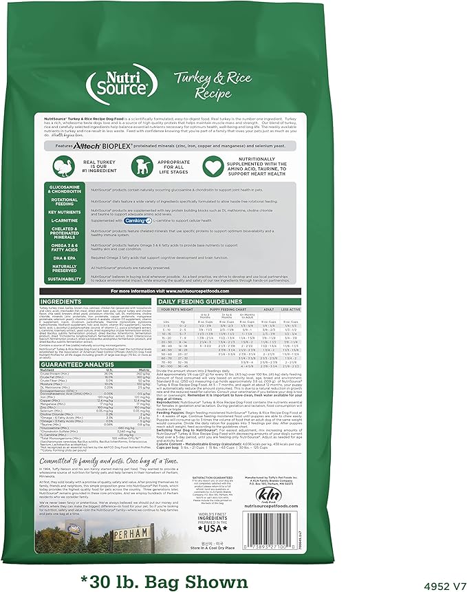 NutriSource Dog Food, Made with Turkey & Rice, with Wholesome Grains, 30LB, Dry Dog Food