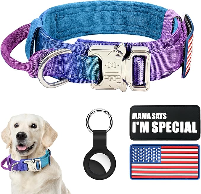 Tactical Dog Collar Military Dog Collar Adjustable Nylon Dog Collar Heavy Duty Metal Buckle with Handle for Dog Training,with Patches (Gradient 1, M)