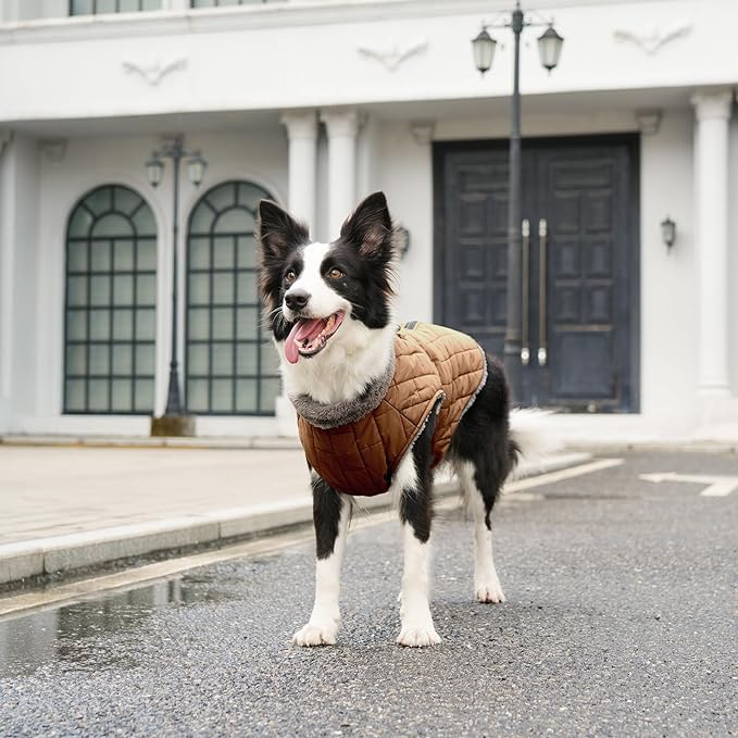 Warm Fleece Dog Coats with Durable Harness Buitl in D-Ring,Waterproof Doggie Jacket for Medium Dogs,Dog Vest for Cold Winter,Burnished Khaki L