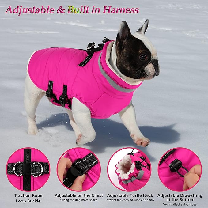 Dogcheer Dog Coat, Waterproof Dog Jacket with Harness, Reflective Adjustable Puppy Winter Coat with Zipper, Christmas Pet Snow Jacket Clothes for Small Medium Large Dogs - Pink XS