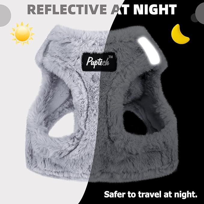 PUPTECK Adjustable Dog Harness Collar and Leash Set Step in No Pull Pet Harness for Small Medium Dogs Puppy and Cats Outdoor Walking Running, Soft Mesh Padded Reflective Vest Harnesses, Plush Grey S