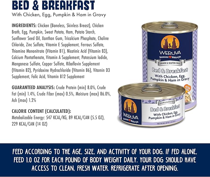 Weruva Classic Dog Food, Bed & Breakfast with Chicken, Egg, Pumpkin & Ham in Gravy, 14oz Can (Pack of 12)