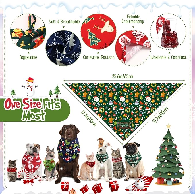 Abbylike 50 Pcs Christmas Dog Bandanas Bulk Pet Scarfs Triangle Bibs Adjustable Washable Puppy Kerchief Seasonal Pet Costume Accessories Grooming Supplies for Small Medium Large Dogs Cats