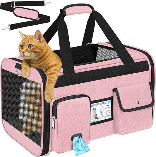 HUANLANG Soft-Sided Cat Carrier Airline Approved,Dog Carriers for Small Dogs Medium Cats,Pet Travel Carrier Up to 20 Lbs,Collapsible Cat Bag