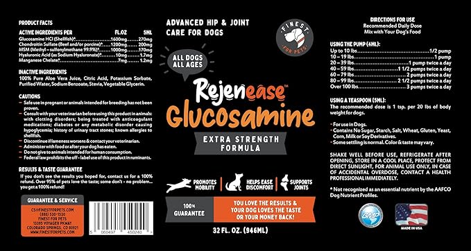 Rejenease Liquid Glucosamine for Dogs with Chondroitin, MSM & Hyaluronic Acid – Finest For Pets Hip & Joint Supplement for Dog Joint Support, Mobility, Stiffness & Pain Relief (32 oz, Made in USA)