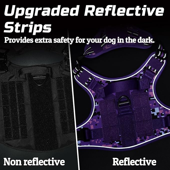 rabbitgoo Tactical Dog Harness for Large Dogs, No Pull Military Service Vest with Handle & Molle, Easy Control for Training Walking, Adjustable Reflective Straps, Purple Camo, L