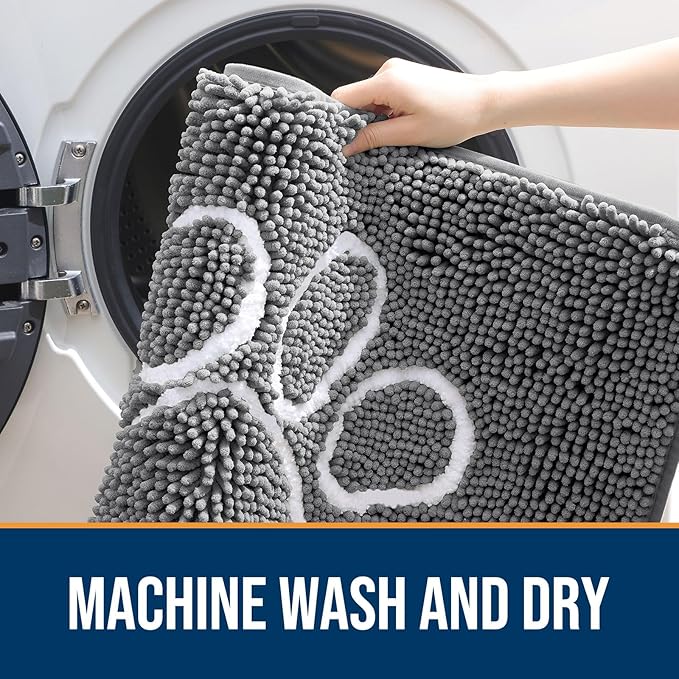 OLANLY Dog Door Mat for Muddy Paws 30x20, Paw Print Design, Absorbs Moisture and Dirt, Absorbent Non-Slip Washable Doormat, Quick Dry Chenille Mud Mat, Entry Indoor Entryway Carpet, Grey and White