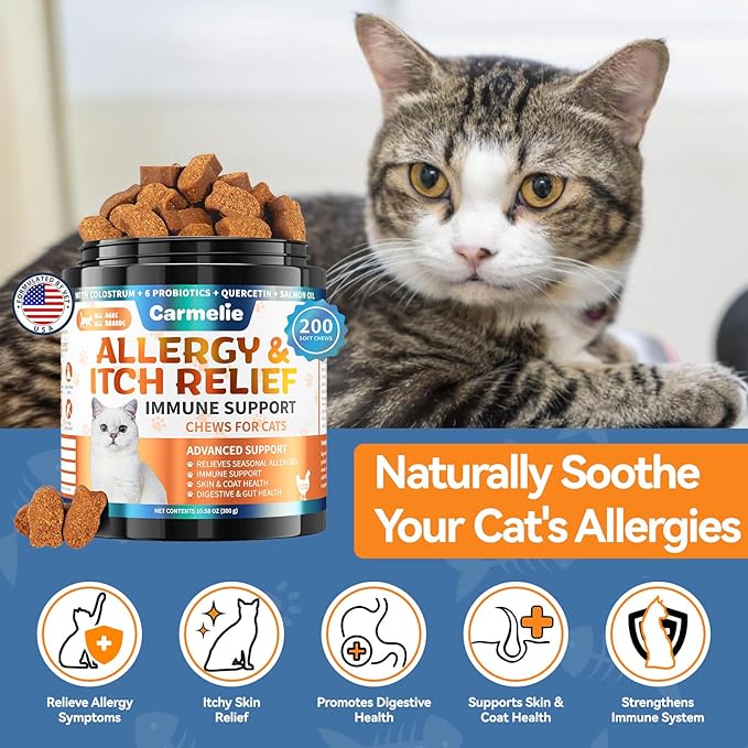 Cat Allergy Relief Chews 200 pcs - Cat Itchy Skin & Paw Licking Relief - Omega 3 & Probiotic for Cats - Anti-Itch Relief for Skin & Coat Health, Immune Support, Seasonal Allergies - Chicken Flavor