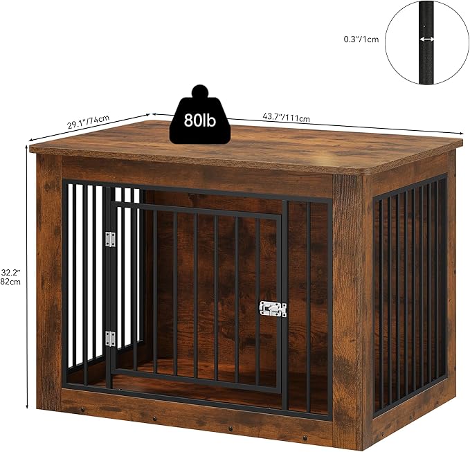 YITAHOME 43.7" L Dog Crate Furniture for Large Dog, 2-in-1 Iron-Wood Fusion Modern Dogs Kennel Indoor up to 80 lb, Side End Table, Adjustable feet, Waterproof Top, Safety Corners, Rustic Brown