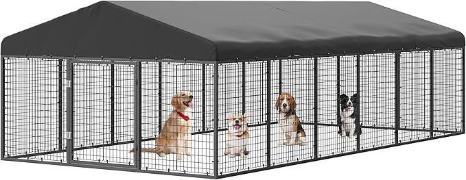 Large Outdoor Dog Enclosure,Heavy Duty Dog Cage with Roof,Galvanized Steel Dog Kennel Fence with Double Safety Locks(19.68'x 9.84')