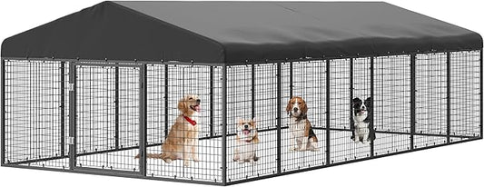 Large Outdoor Dog Enclosure,Heavy Duty Dog Cage with Roof,Galvanized Steel Dog Kennel Fence with Double Safety Locks(19.68'x 9.84')