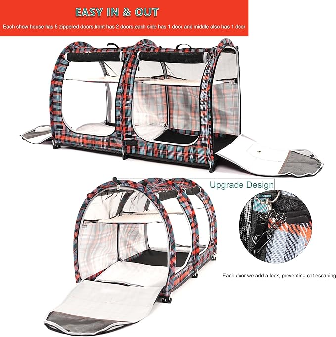 Mispace Portable Twin Compartment Show House Cat Cage/Condo - Easy to Fold & Carry Kennel - Comfy Puppy Home & Dog Travel Crate with Carry Bag/Two Hammocks/Mats and Collapsible Litter Box