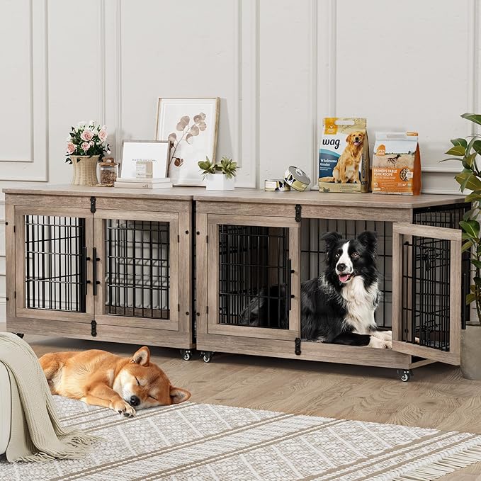 Dog Crate Furniture with Cushion Set of 2, Large Wooden Dog Kennel Indoor with Double Doors, Dog Cage with Wheels, Dog House Side End Table for Large Medium Dogs up to 70 lb, 38.5” L, Grey