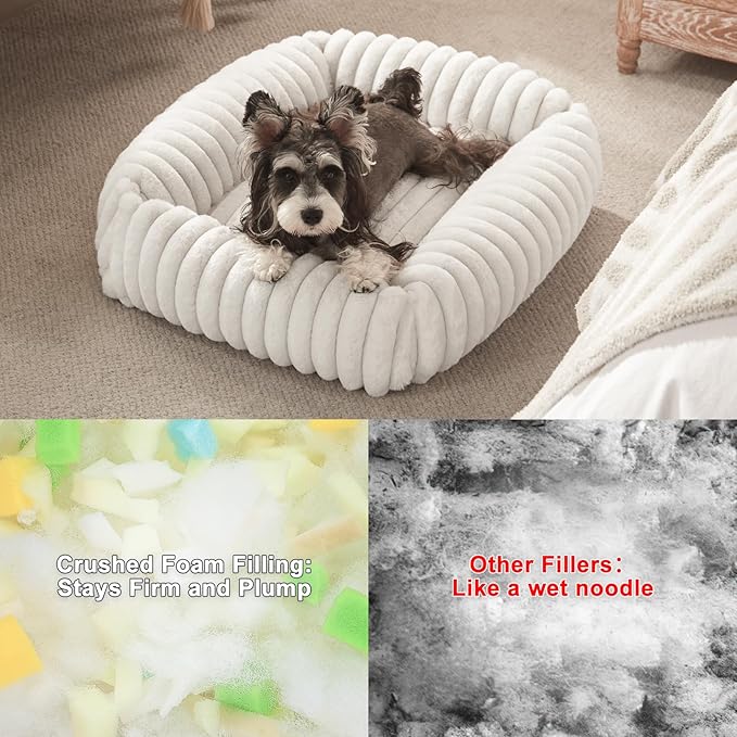 Dog Beds for Small Dogs, Washable Dog Bed with Removable Cover, Rectangle Soft Calming Sleeping Puppy Bed Durable Pet Cuddler with Anti-Slip Bottom, 20"x19"x6" Cream