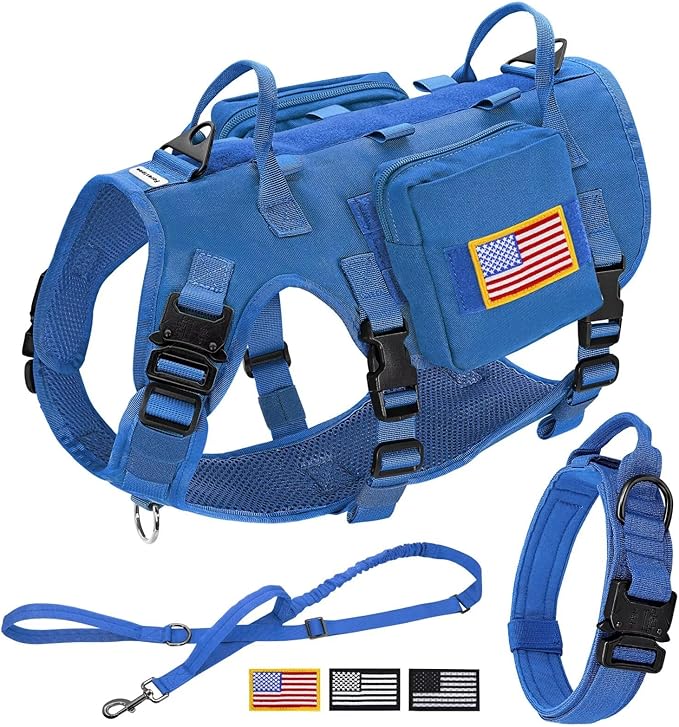 Forestpaw Tactical Dog Harness for Large Dogs,Tactical Dog Collar with Bungee Leash Set,No Pull Military Dog Harness for Walking Training,Adjustable for Medium Large Dogs,Blue,Chest 19.5-41.5"