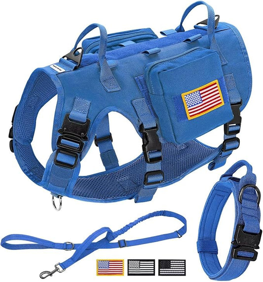 Forestpaw Tactical Dog Harness for Large Dogs,Tactical Dog Collar with Bungee Leash Set,No Pull Military Dog Harness for Walking Training,Adjustable for Medium Large Dogs,Blue,Chest 21.5-45"