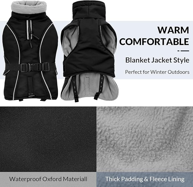 Queenmore Winter Dog Coat Warm Dog Jacket Vest Waterproof Puffer Fleece Snowsuit Adjustable Buckle Leash Hole Reflective Cold Weather Parka for Small Medium Large Dogs Girl Boy Black XXXL
