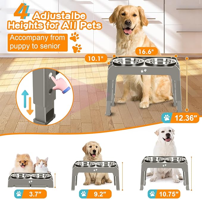 Elevated Bowls, 4 Height Adjustable Raised Stand With 2 Thick 50oz Stainless Steel Food Bowls, Non-Slip Feeder for Dogs, Adjusts to 3.7", 9.2", 10.75", 12.36" Light Brownish Gray