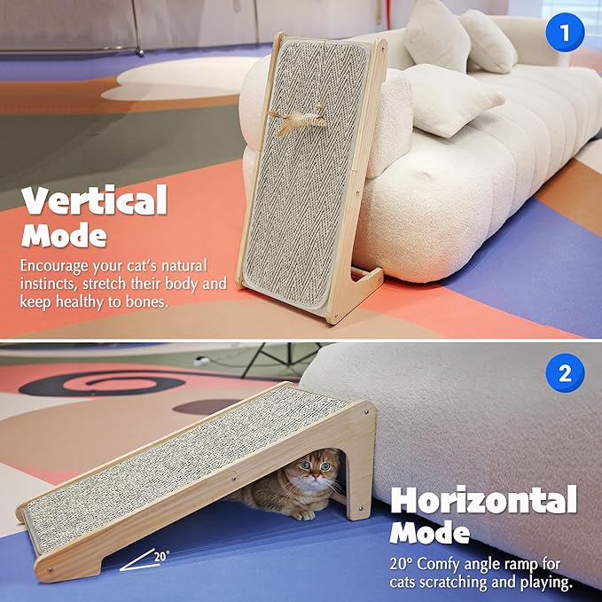 PETKARAY Cat Scratcher, Sisal Cat Scratching Ramp, L Shape Scratch Board for Indoor Kitty, 27" Wall Furniture Protector with Mouse Toy, Chevron