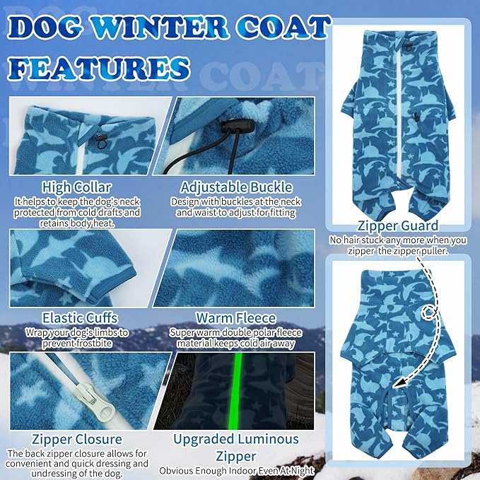 ROZKITCH Large Dog Fleece Pajamas, Pet Windproof Warm Cold Weather Jacket Vest with Luminous Zipper, Jumpsuit Apparel Outfit Clothes for Small Medium Large Dog Shark XL