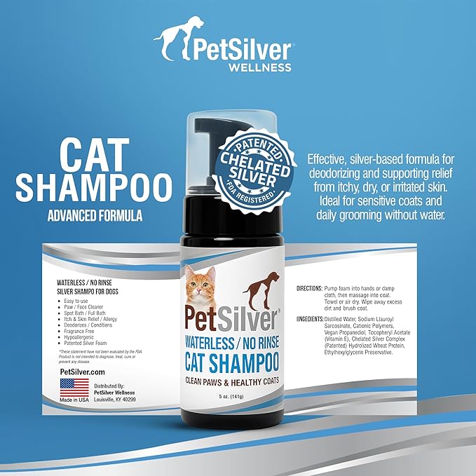 PetSilver Waterless Cat Shampoo - No Rinse Bath & Dry Shampoo for Cats - Long-Haired & Sensitive Skin - Cleans, Conditions & Moisturizes - Hypoallergenic & Fragrance-Free - Patented Formula - 5 fl oz