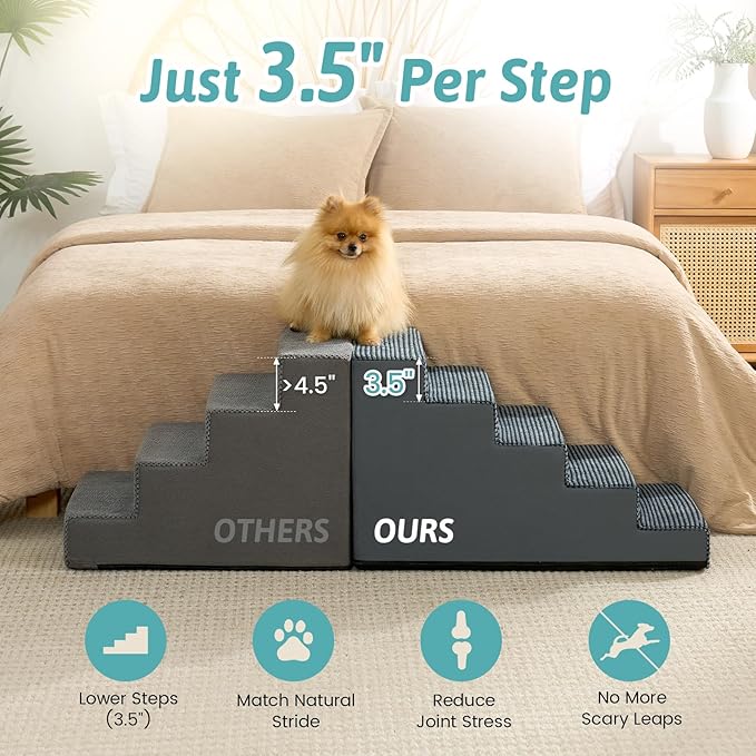 Slope Dog Stairs for Small Dogs 17.7" H, Pet Steps for Bed, Couch with Certified Foam, Non-Slip Dog Ramp Ladder for Puppy Older Cats, 5 Step, Charcoal Grey