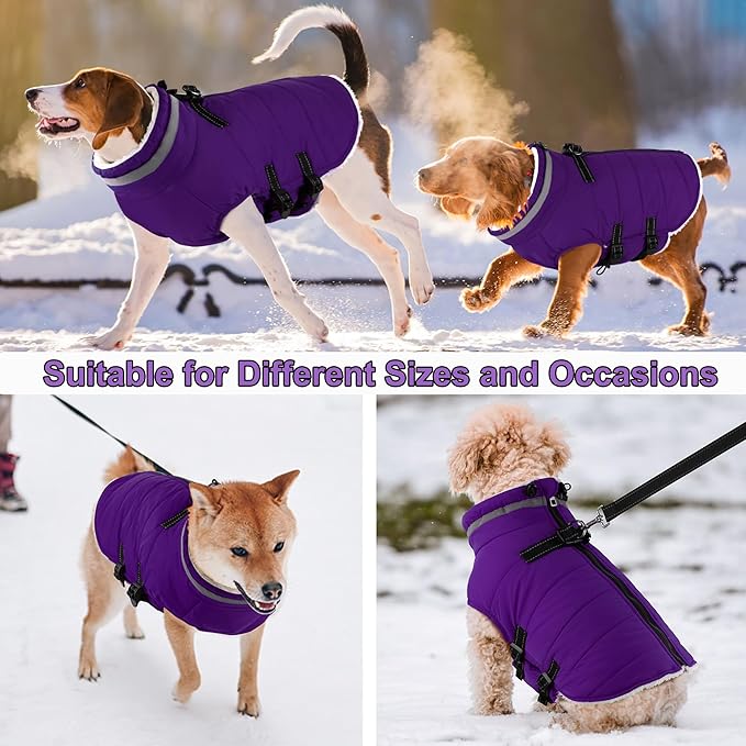 Dogcheer Dog Coat with Harness, Waterproof Dog Jacket Adjustable Pet Winter Coat with Zipper, Christmas Puppy Snow Jacket Fleece Sweater for Small Medium Large Dogs - Purple 2XL