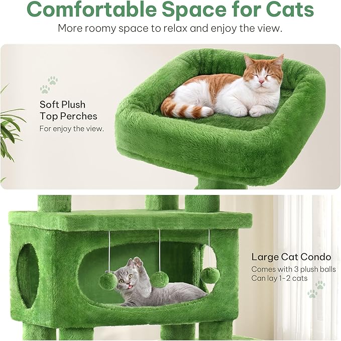 76in Cat Tree for Indoor Large Cats, Tall Cat Tower with Scratching Posts, Cat Tree Tower w/Hanging Balls, Multi-Level Condo Cozy Hammock, House, Large Activity Center, Green