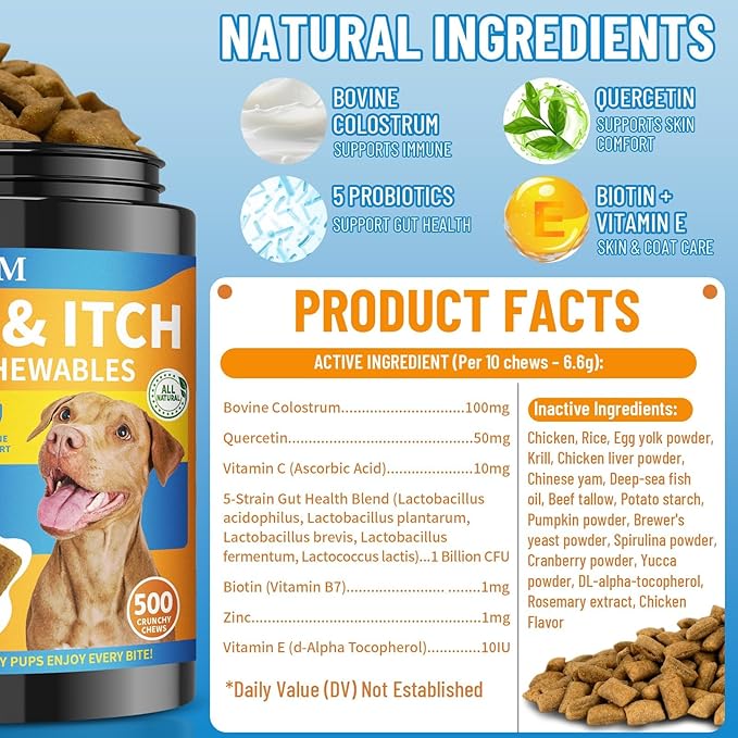 Dog Allergy Relief Chews, Dog Itching Skin Relief, 500 Crunchy Krill Center Seasonal Allergy Anti-Itch Chews, Itchy Ear & Paw Licking, Colostrum, Quercetin & Probiotics for Gut, Immune, Skin & Coat