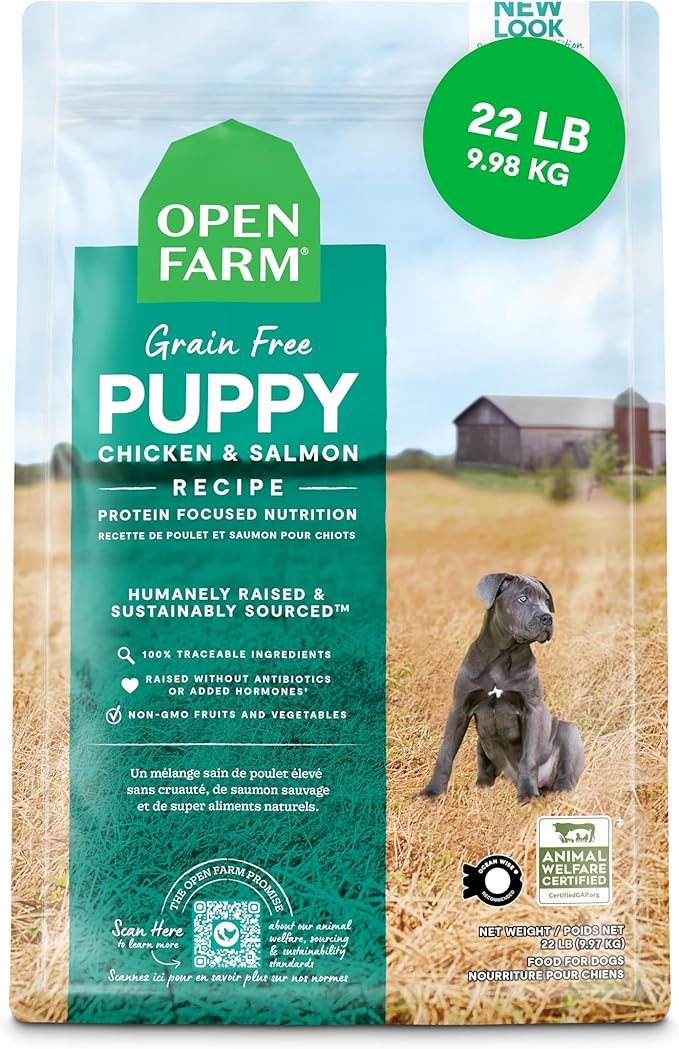 Open Farm, Grain-Free Dry Dog Food for Puppies, Protein-Packed Kibble, Sustainably & Ethically Sourced Ingredients, Non-GMO Veggies & Superfoods, Chicken & Salmon Puppy Recipe, 22lb Bag