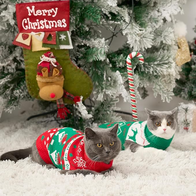 Stretchy Cat Christmas Sweater - 2 Packs Christmas Sweaters for Cats | Snug Winter-Ready Knit for Boy/Girl Cats & Kittens(Scarlet, Large)