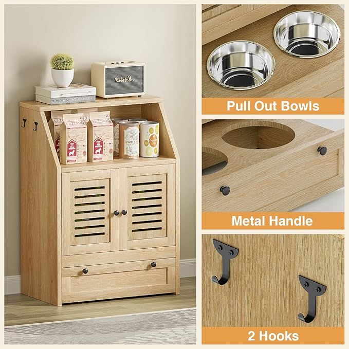 Giluta Dog Feeding Station with Storage Cabinet and 2 Elevated Dog Bowls, Hidden Pet Feeder Station Wood, Dog & Cat Storage Organizer, Natural Wood