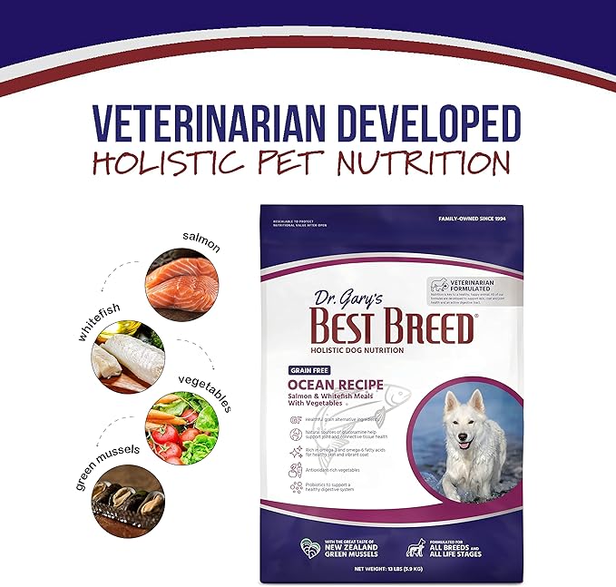 Best Breed Dr. Gary's Grain Free Ocean Recipe Slow-Cooked in USA, Natural Dry Dog Food for All Breeds and Sizes, 13lbs.