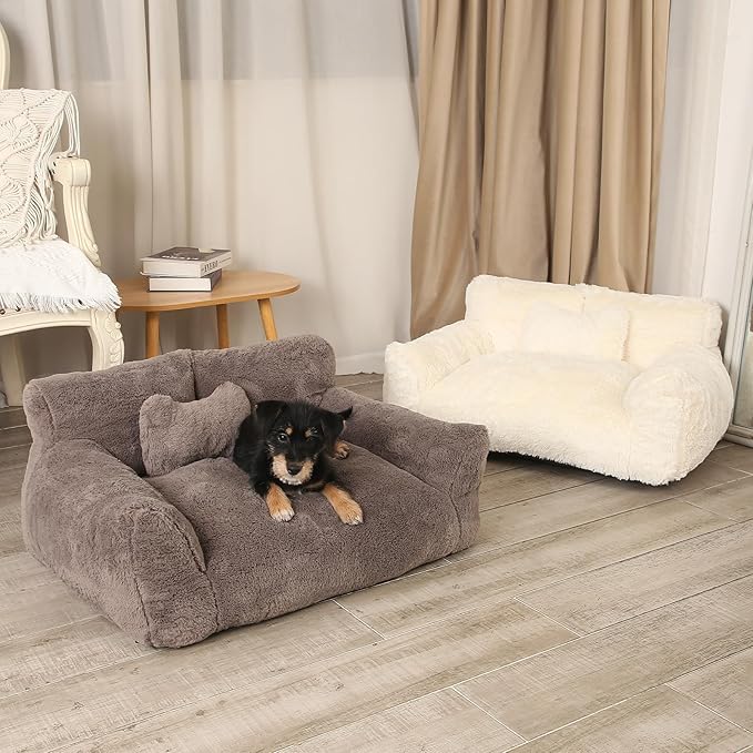 Fluffy Cat Couch for Indoor Cats, Small Dog Bed with Bone Shaped Pillow, Anti-Anxiety Pet Bed with Washable Cover, Brown