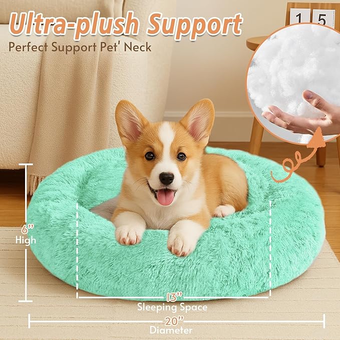 JOLLYVOGUE Calming Dog & Cat Bed for Small Dogs, Anti-Anxiety Donut Cuddler Cozy Soft Round Bed with Anti-Slip Bottom, Fluffy Faux Fur Plush Cushion Beds for Small Medium Pets (20")
