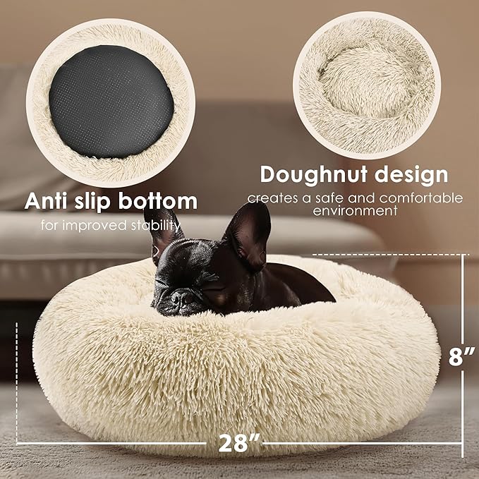 28in Large Dog Bed, Medium Size Dog and Cats, Calming Donut Bed for Puppy and Kitten, Washable Round Fluffy Pet Bed (Light Brown)