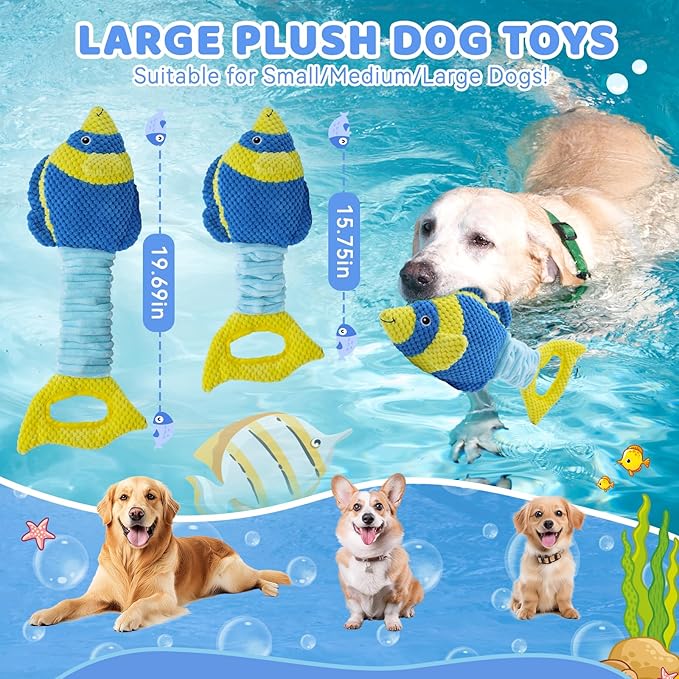 Tug of War Dog Toy, Squeaky Dog Toys, Interactive Fish Puppy Toys with Crinkle Paper to Keep Them Busy