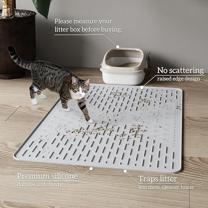OHMO Cat Litter Mat Trapping Mat Premium Silicone Rubber 23.5x16 Grey, Waterproof and BPA Free Kitty Litter Box Mat, Easy to Clean and Keeps The Floor Tidy