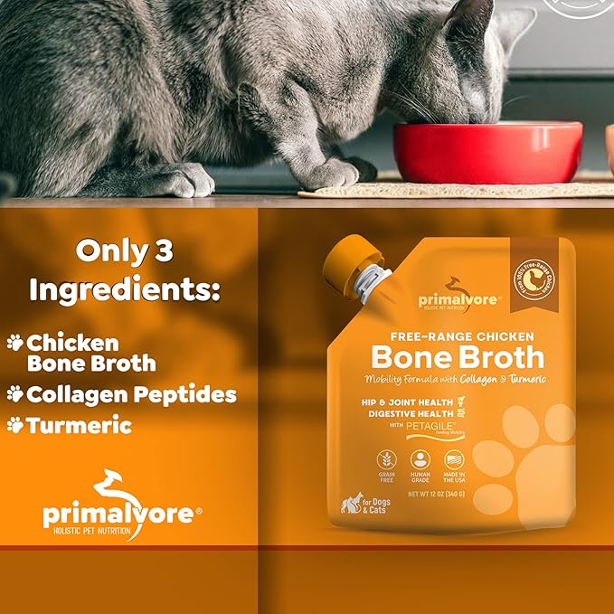 Primalvore Free-Range Bone Broth for Dogs &Cats, Mobility Formula w/Collagen Peptides to Help Support Hip & Joints, Digestion, Skin & Coat and Hydration, Human Grade, Made in USA. Chicken 6 Pack