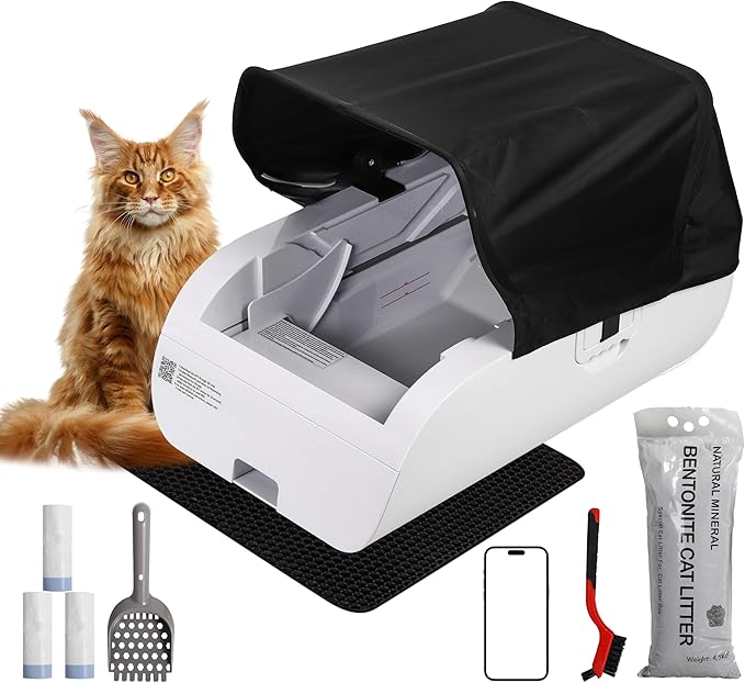Open-Top Self-Cleaning Automatic Cat Litter Box-Smart APP Control (2.4G/5G) with Health Tracking&24H Backup, Dual Safety Sensors&Odorless Design for Multi-Cat Homes+with Tent