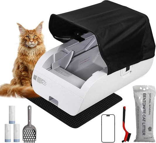 Open-Top Self-Cleaning Automatic Cat Litter Box-Smart APP Control (2.4G/5G) with Health Tracking&24H Backup, Dual Safety Sensors&Odorless Design for Multi-Cat Homes+with Tent